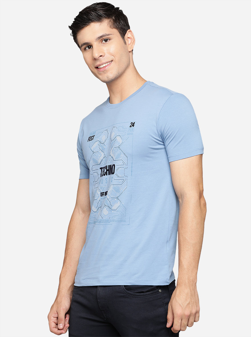 Sky Blue Printed Slim Fit T-Shirt | pehervi