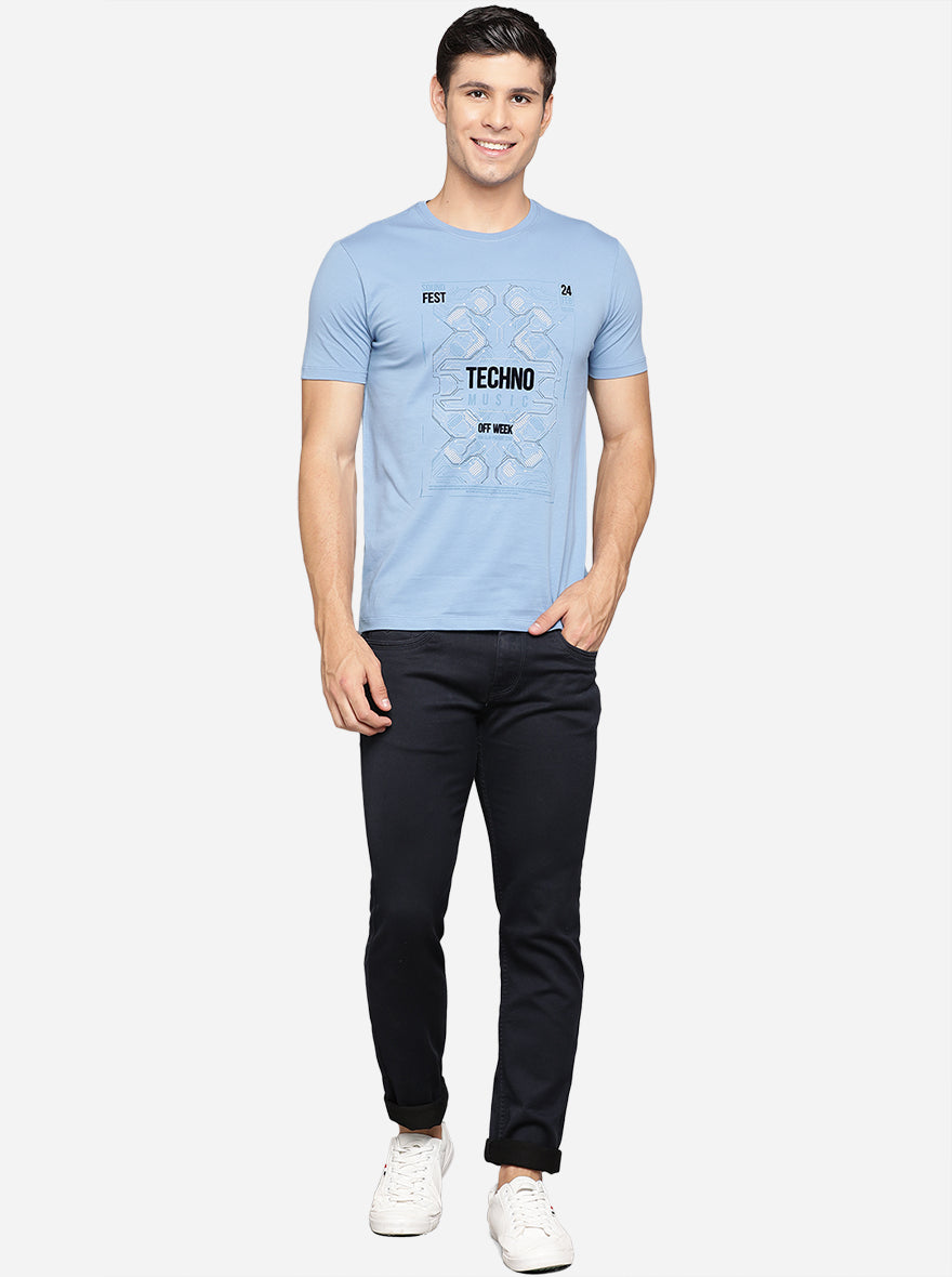 Sky Blue Printed Slim Fit T-Shirt | pehervi