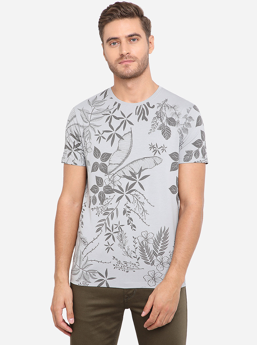 Grey Printed Slim Fit T-Shirt | pehervi