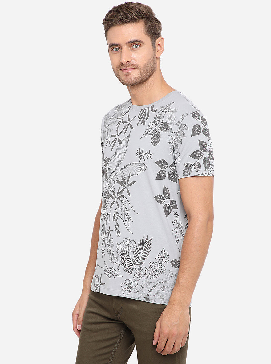 Grey Printed Slim Fit T-Shirt | pehervi