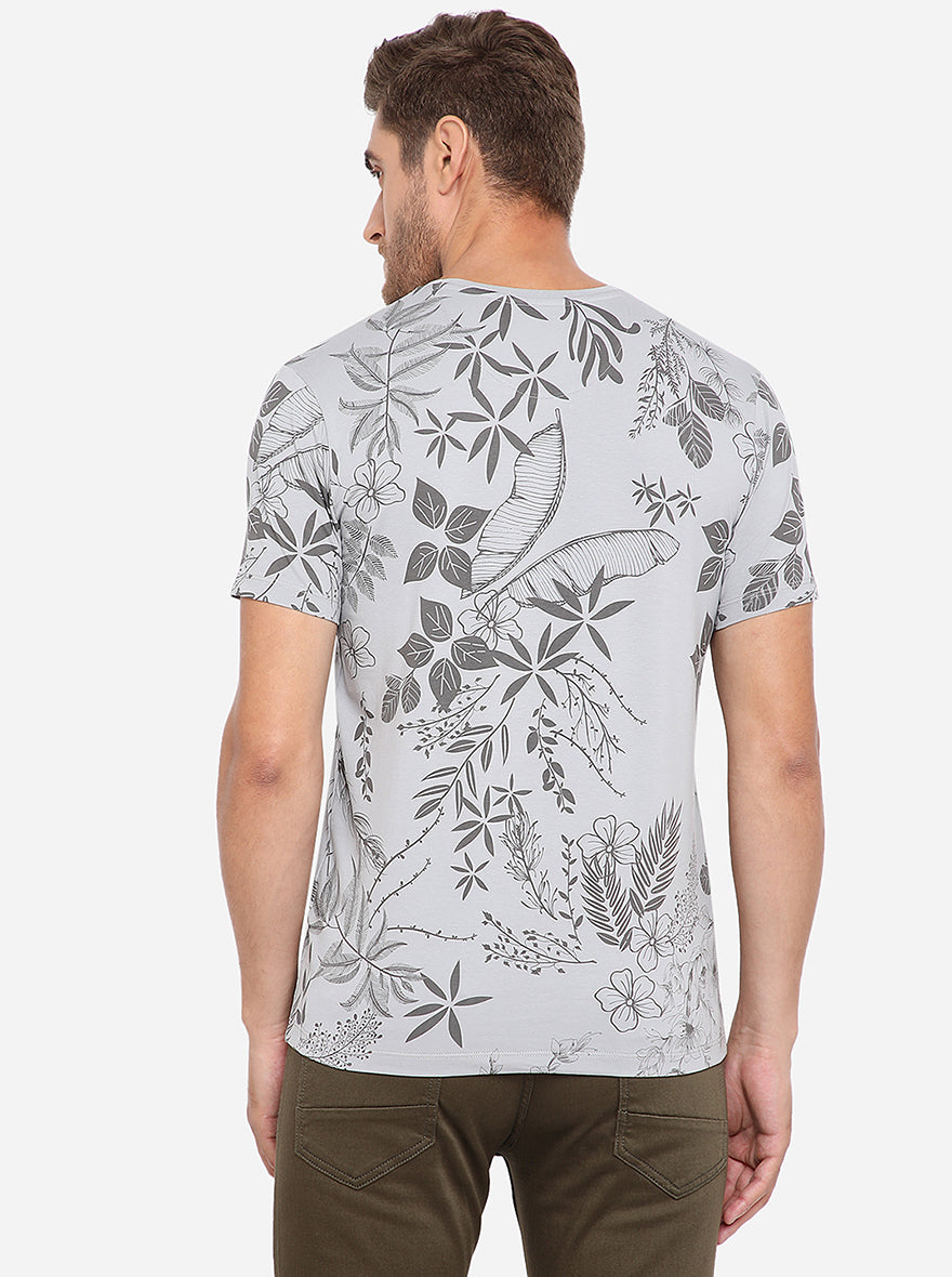 Grey Printed Slim Fit T-Shirt | pehervi