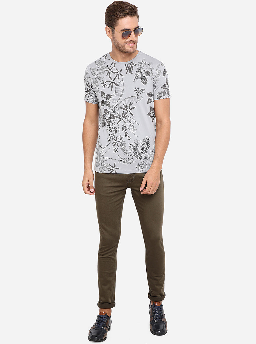 Grey Printed Slim Fit T-Shirt | pehervi
