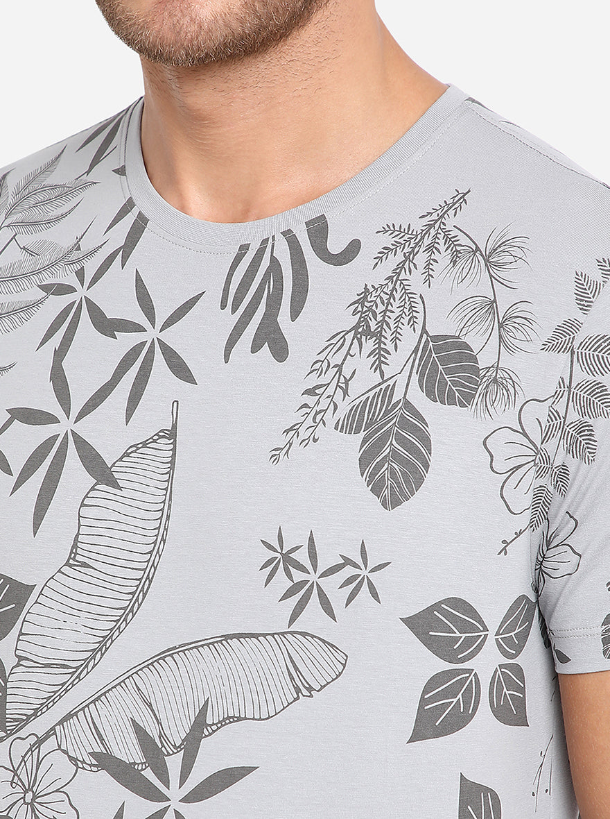 Grey Printed Slim Fit T-Shirt | pehervi