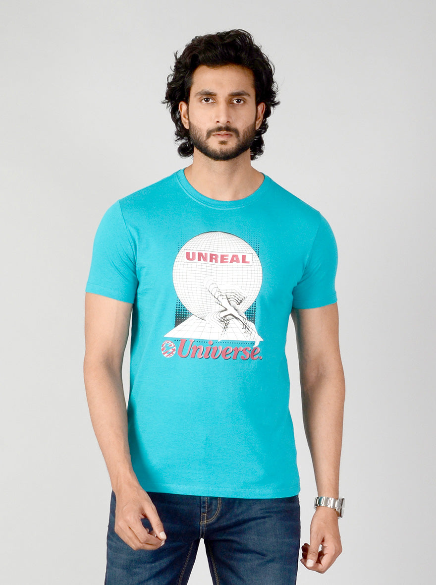 Turquoise Blue Printed Slim Fit T-shirt | pehervi