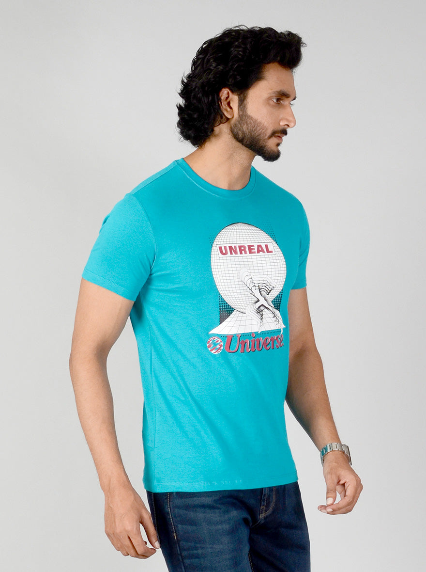 Turquoise Blue Printed Slim Fit T-shirt | pehervi