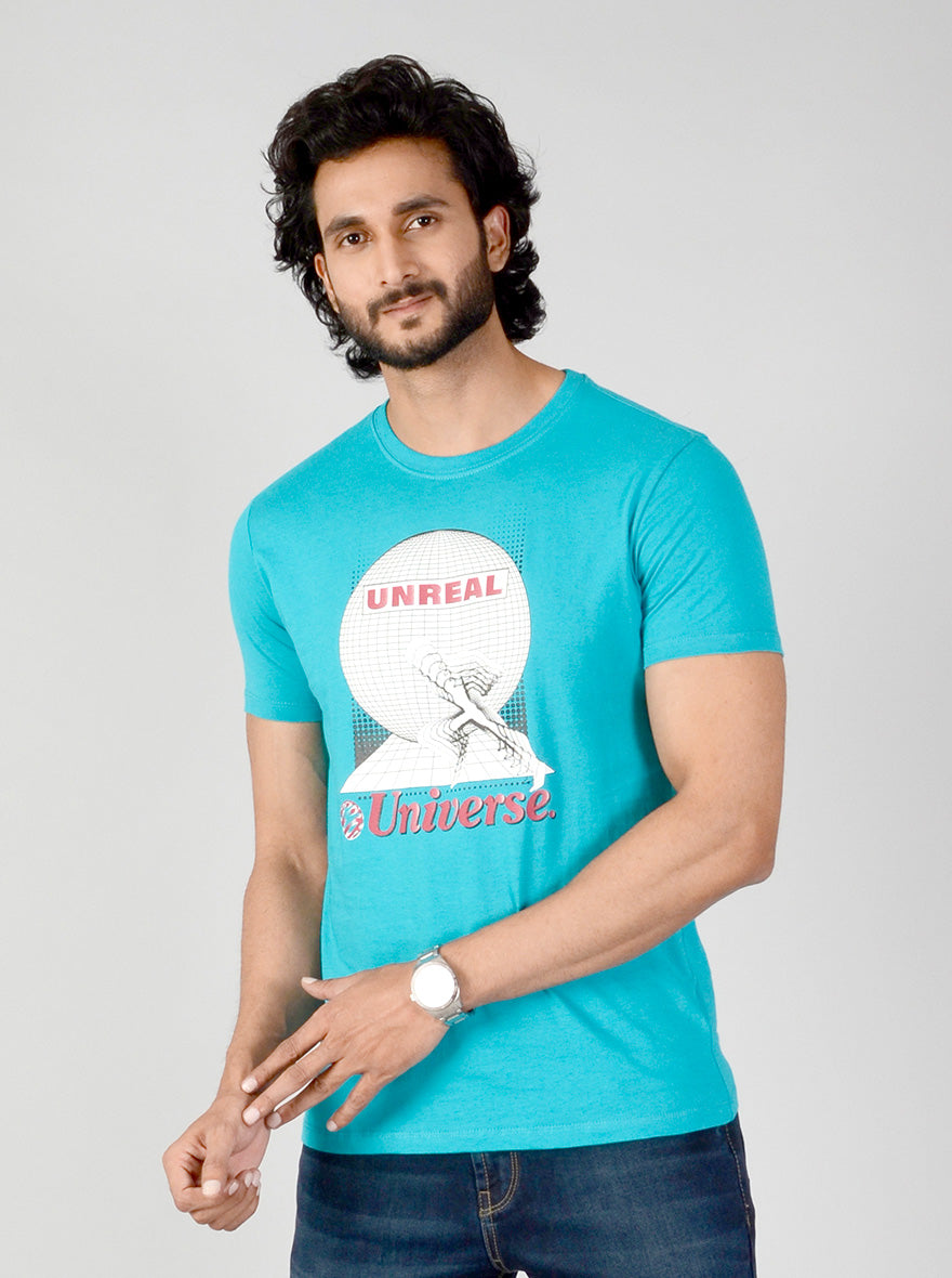 Turquoise Blue Printed Slim Fit T-shirt | pehervi