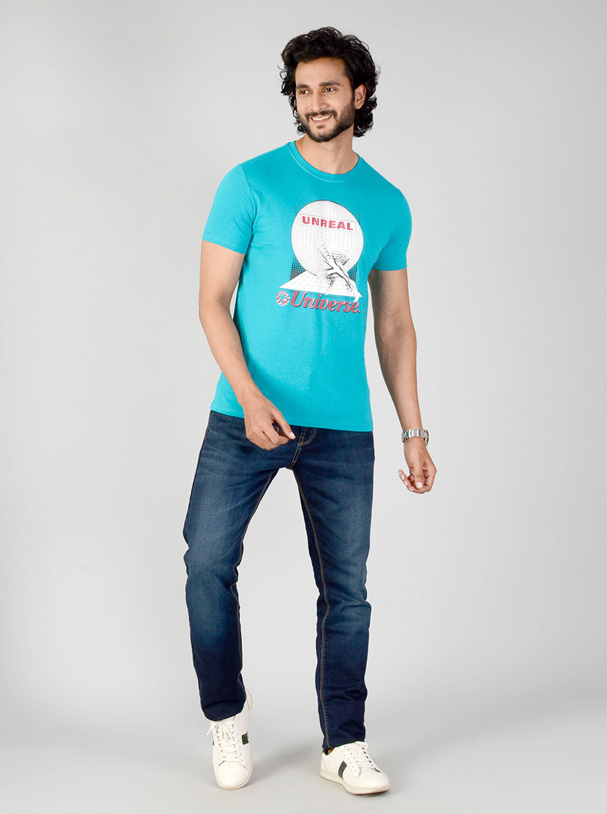 Turquoise Blue Printed Slim Fit T-shirt | pehervi