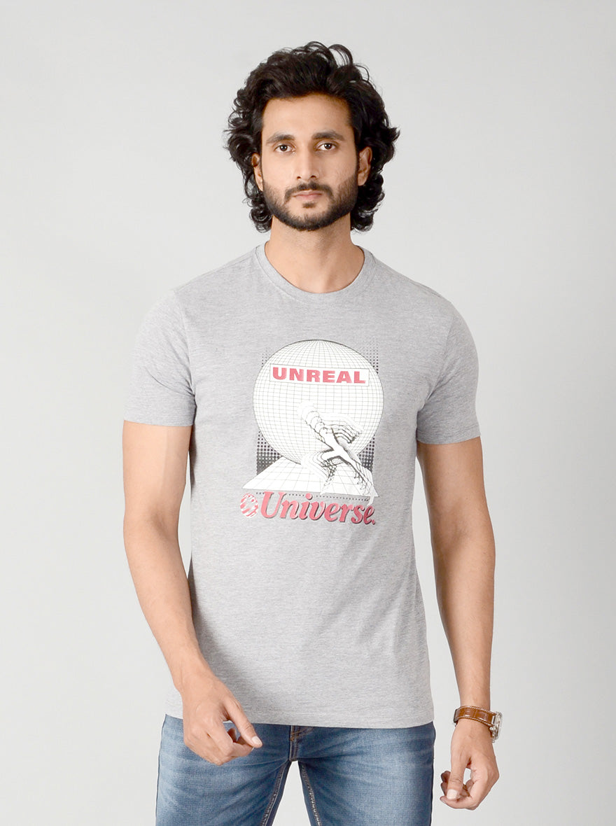 Grey Printed Slim Fit T-shirt | pehervi