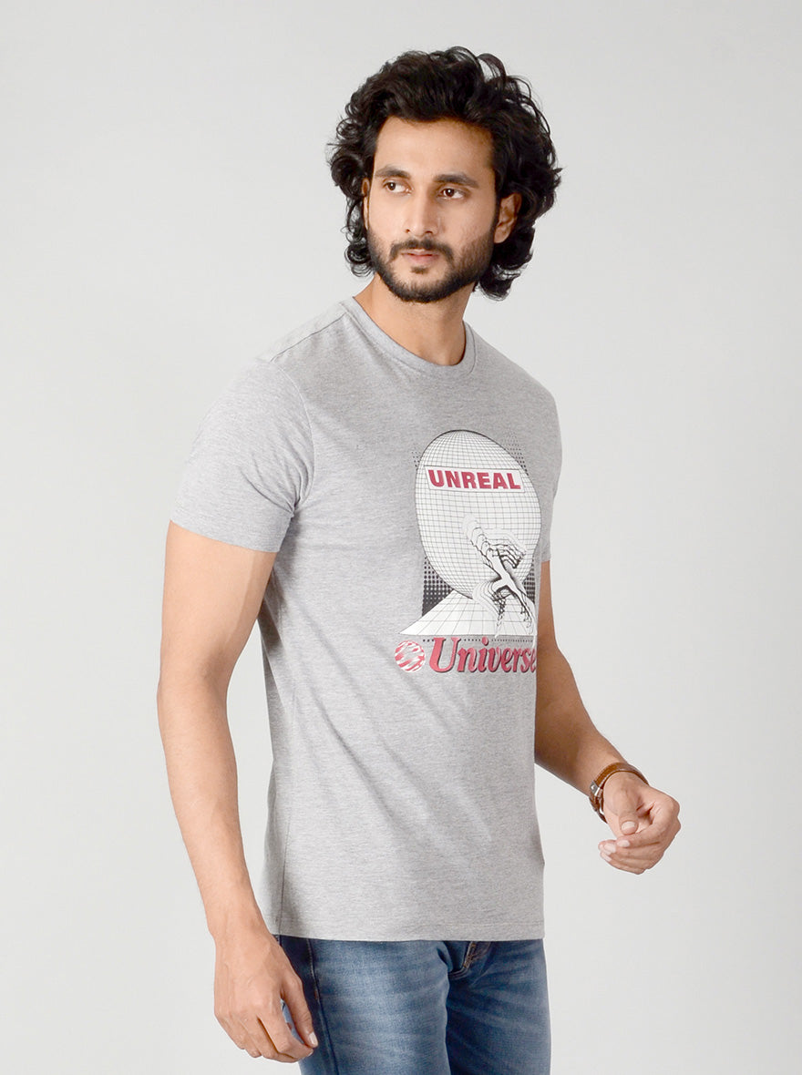 Grey Printed Slim Fit T-shirt | pehervi