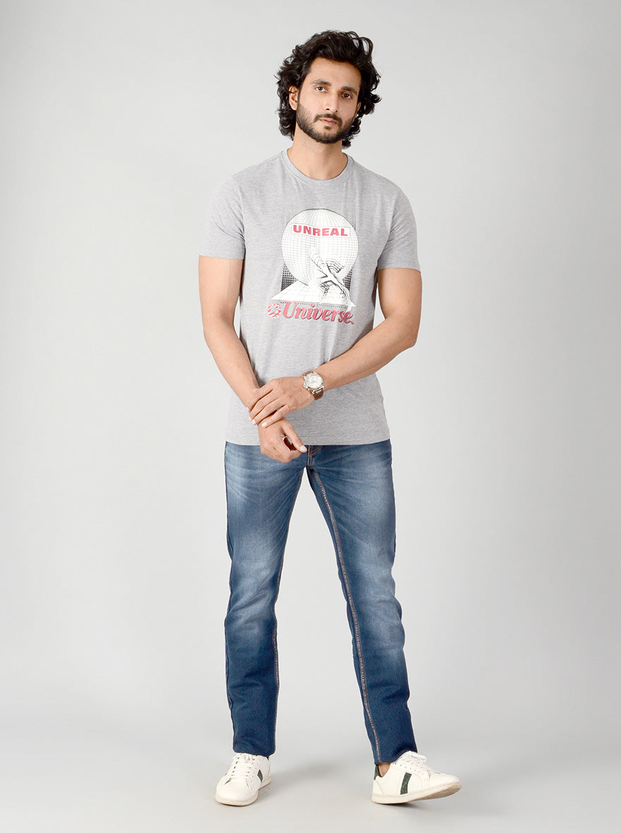 Grey Printed Slim Fit T-shirt | pehervi