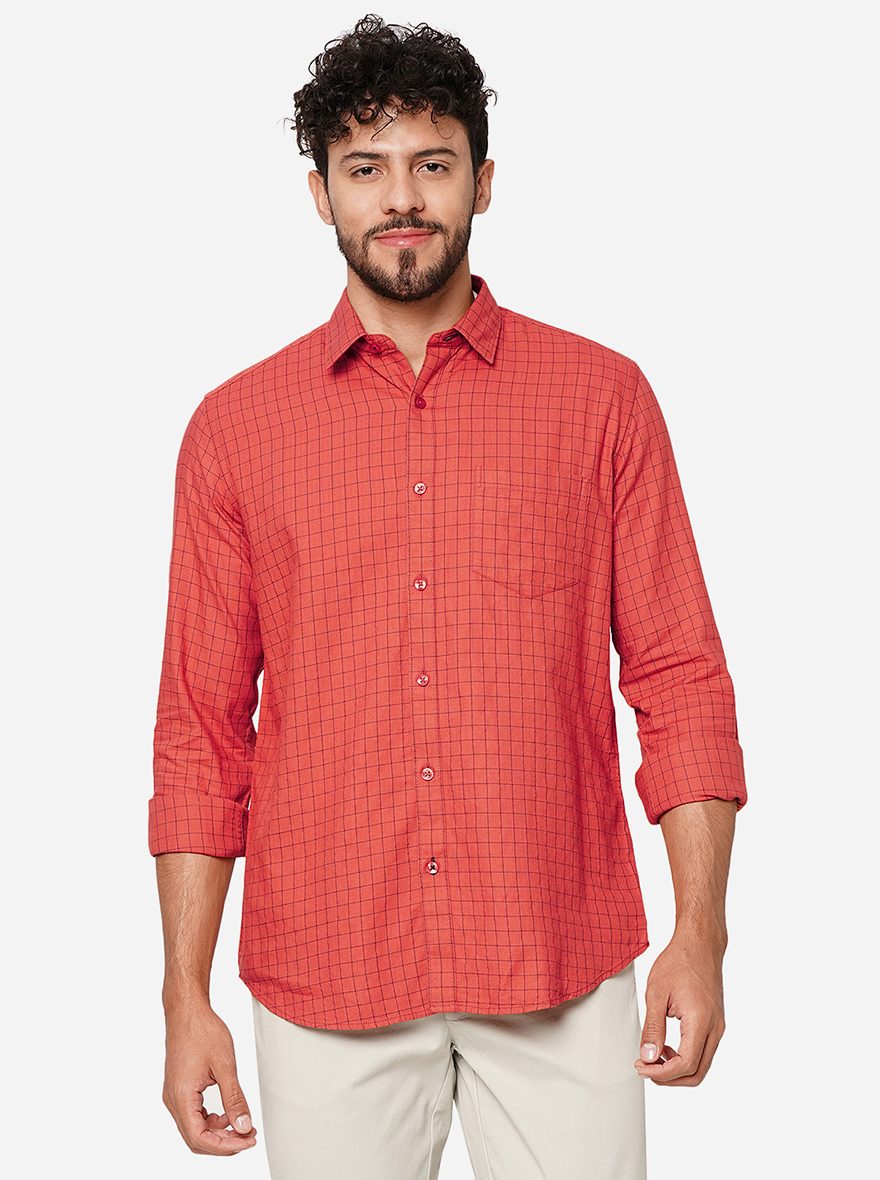 Rust Checked Smart Fit Semi Casual Shirt | Pehervi