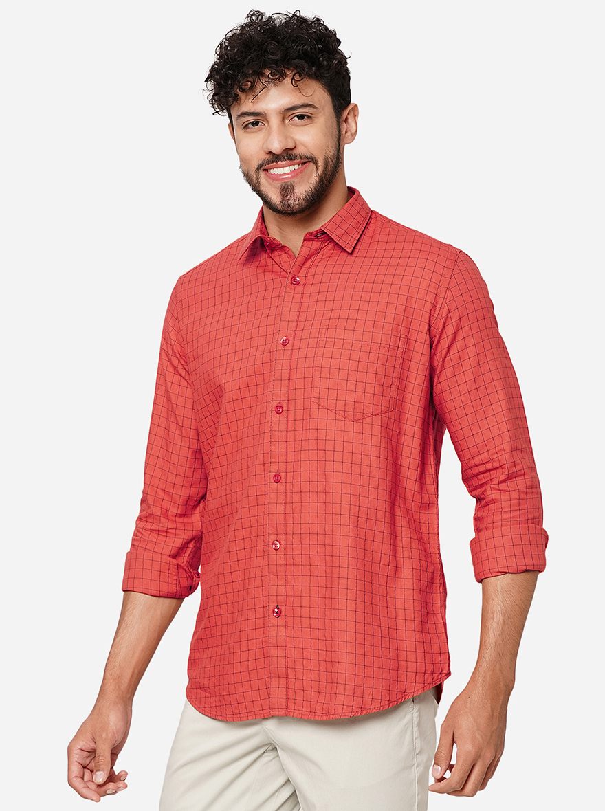 Rust Checked Smart Fit Semi Casual Shirt | Pehervi