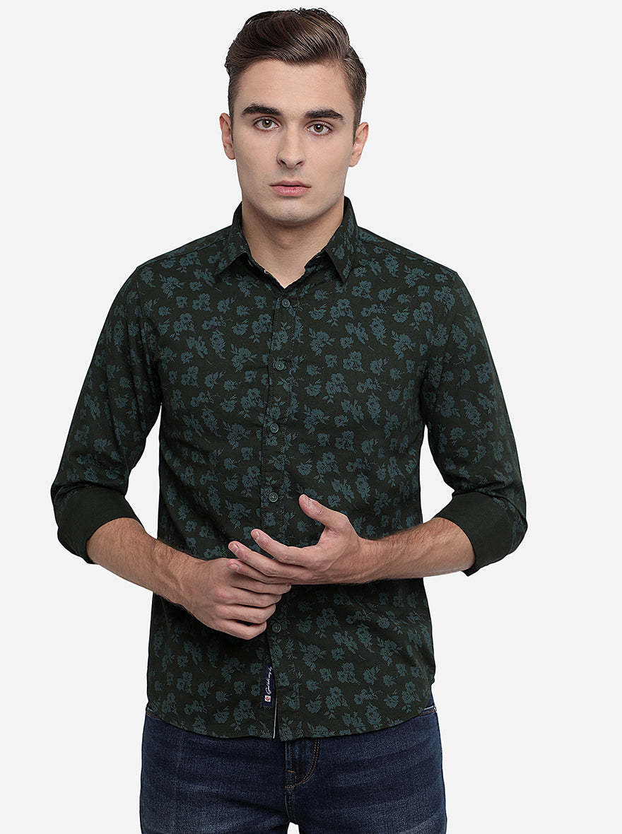 Olive Green Printed Slim Fit Semi Casual Shirt | Pehervi