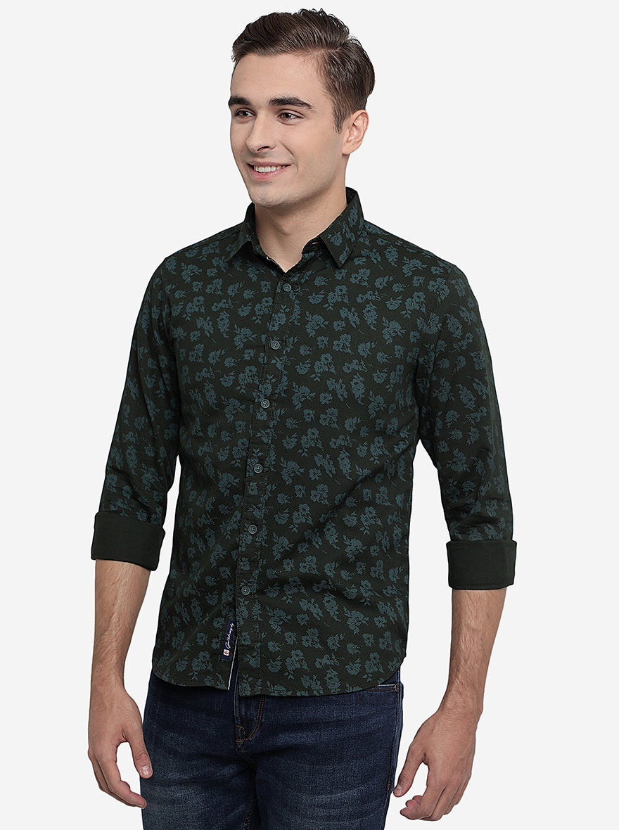 Olive Green Printed Slim Fit Semi Casual Shirt | Pehervi