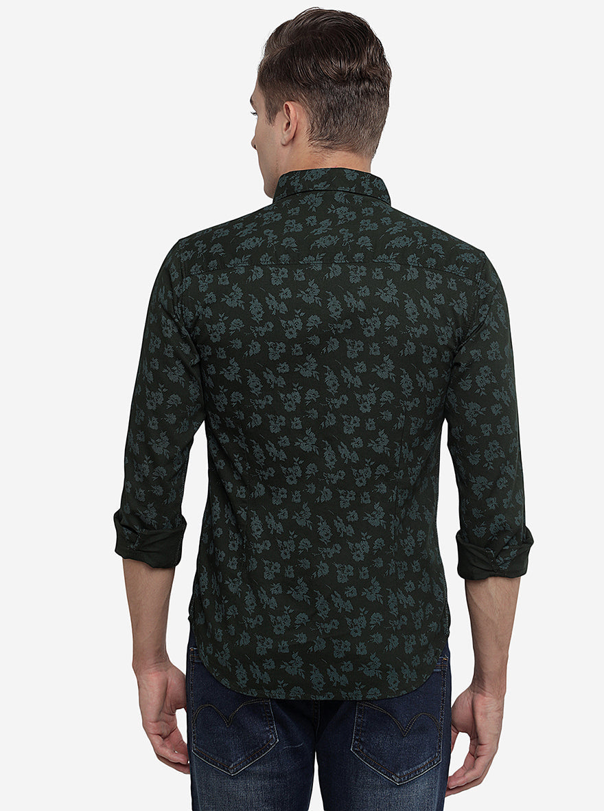 Olive Green Printed Slim Fit Semi Casual Shirt | Pehervi