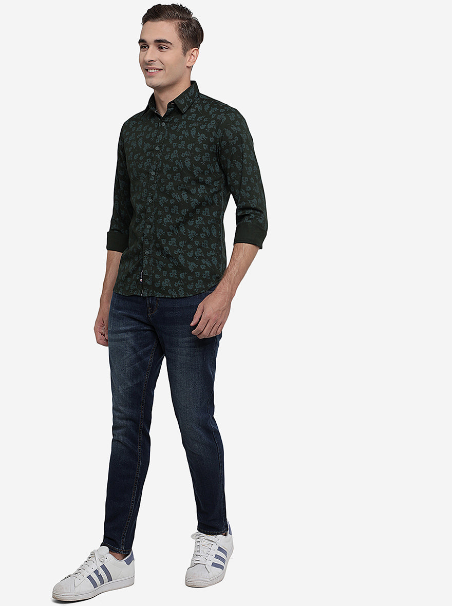 Olive Green Printed Slim Fit Semi Casual Shirt | Pehervi