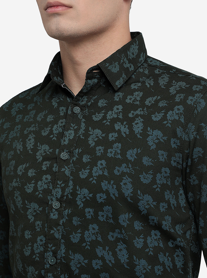 Olive Green Printed Slim Fit Semi Casual Shirt | Pehervi