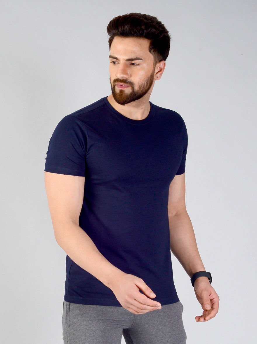 Dark Navy Blue Solid Slim Fit T-shirt | pehervi