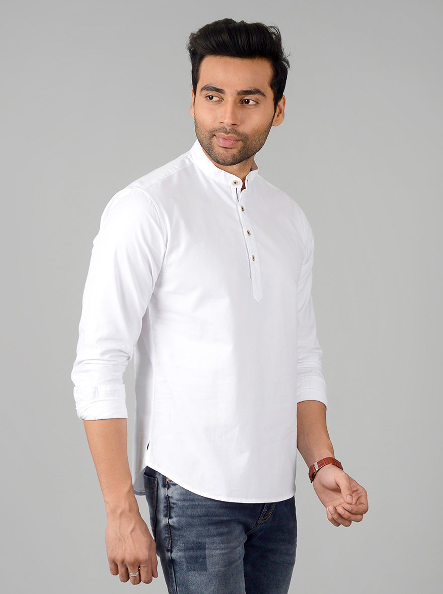 Bright White Solid Slim Fit Short Kurta | Pehervi
