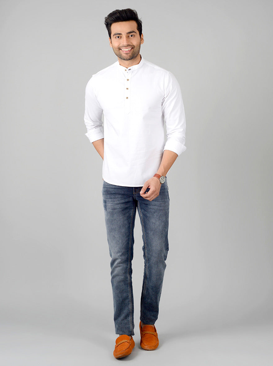 Bright White Solid Slim Fit Short Kurta | Pehervi