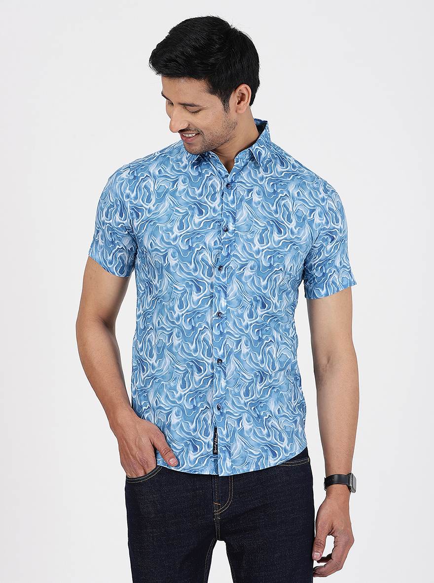 Blue Printed Slim Fit Casual Shirt | pehervi