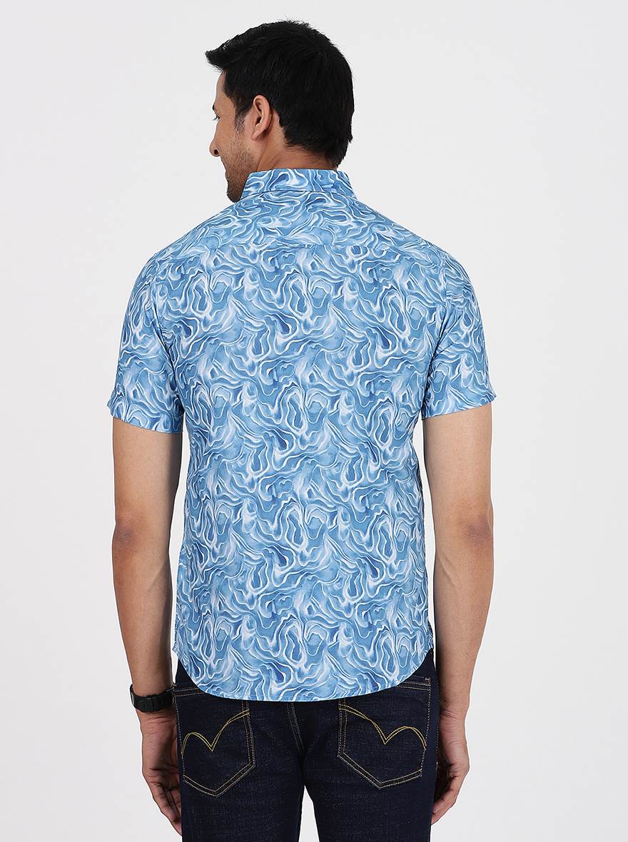 Blue Printed Slim Fit Casual Shirt | pehervi