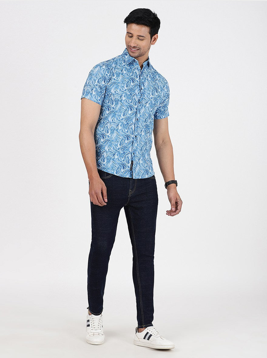 Blue Printed Slim Fit Casual Shirt | pehervi