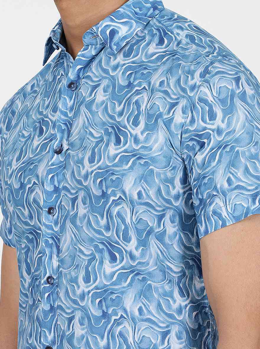 Blue Printed Slim Fit Casual Shirt | pehervi