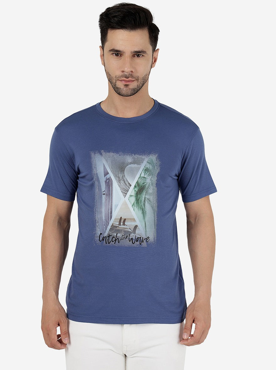 Moroccan Blue Printed Slim Fit T-Shirt | pehervi