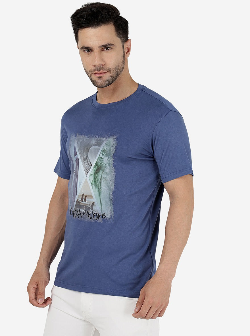 Moroccan Blue Printed Slim Fit T-Shirt | pehervi