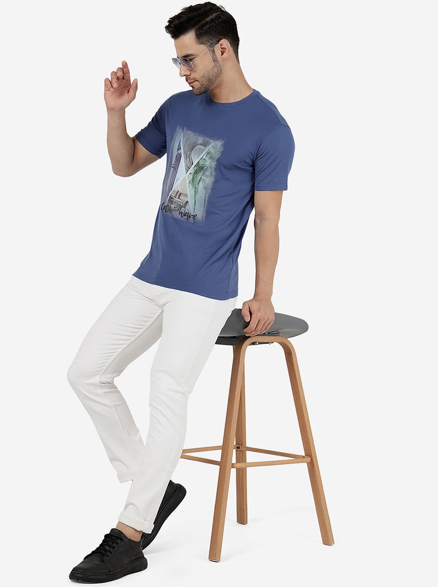 Moroccan Blue Printed Slim Fit T-Shirt | pehervi