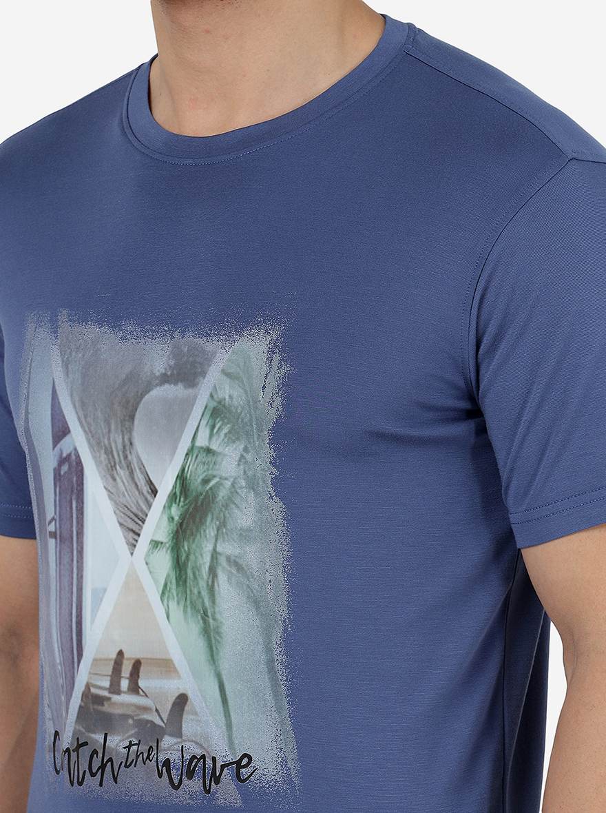 Moroccan Blue Printed Slim Fit T-Shirt | pehervi