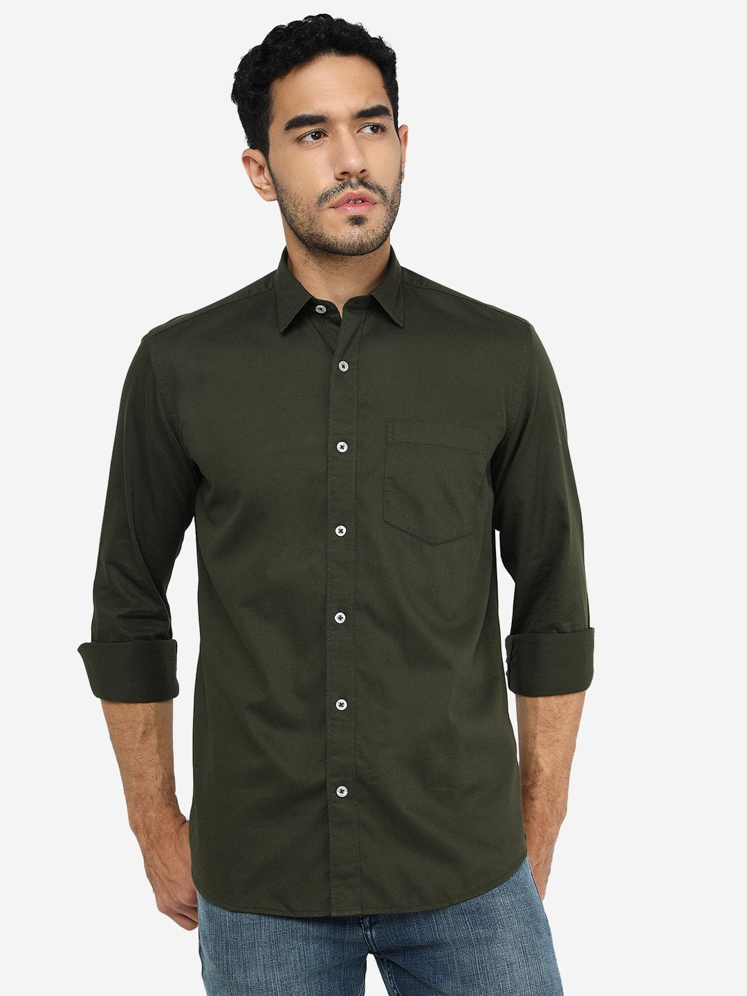 Olive Green Solid Slim Fit Semi Casual Shirt | Pehervi
