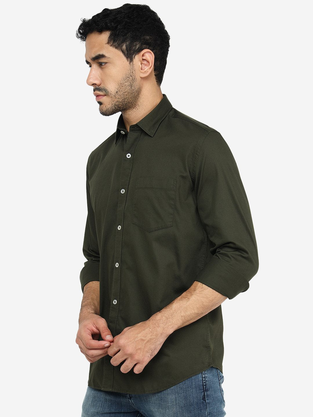 Olive Green Solid Slim Fit Semi Casual Shirt | Pehervi