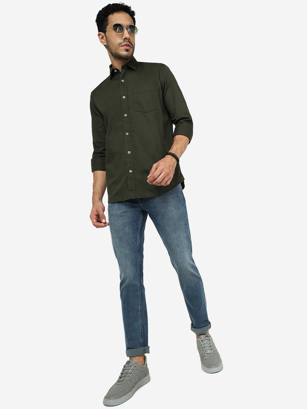 Olive Green Solid Slim Fit Semi Casual Shirt | Pehervi