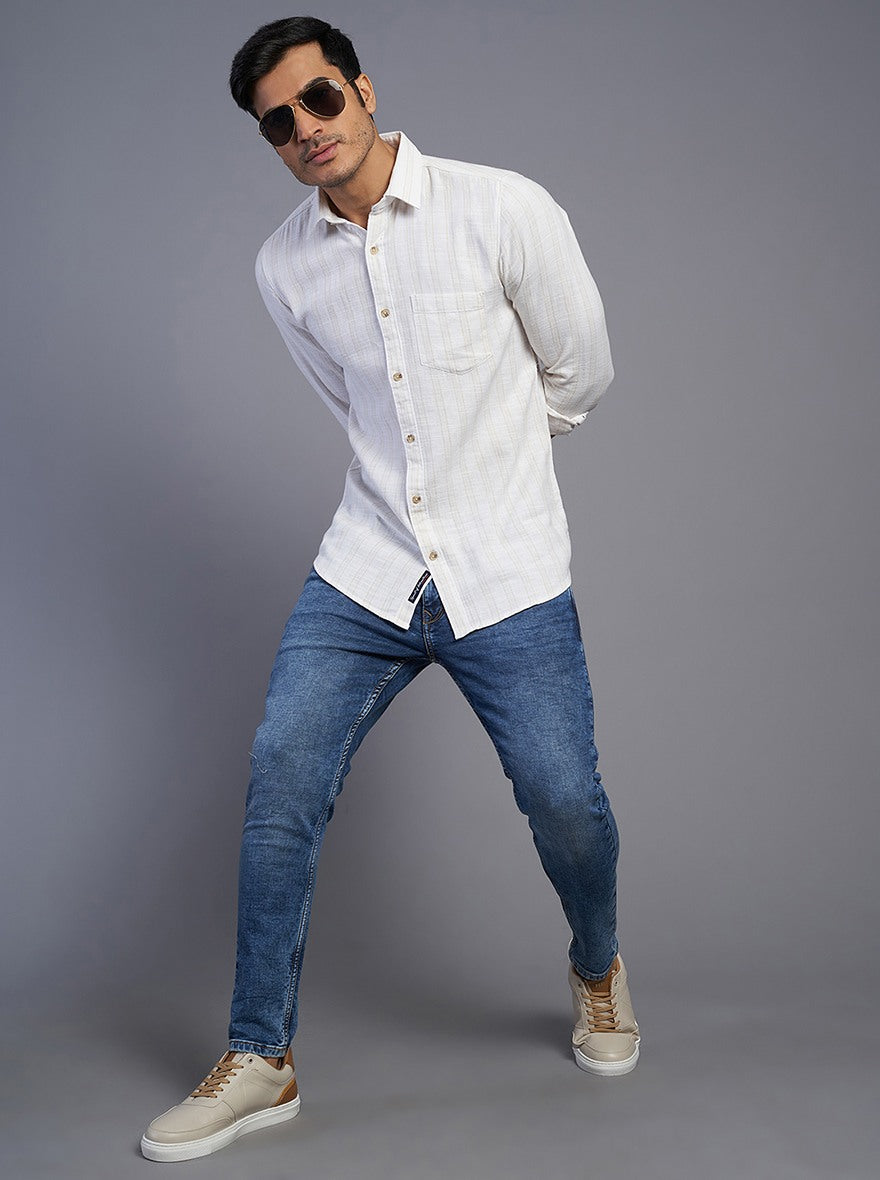 White Striped Slim Fit Casual Shirt | pehervi
