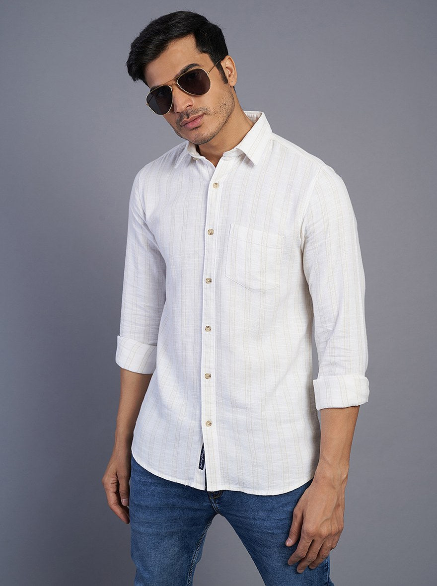 White Striped Slim Fit Casual Shirt | pehervi