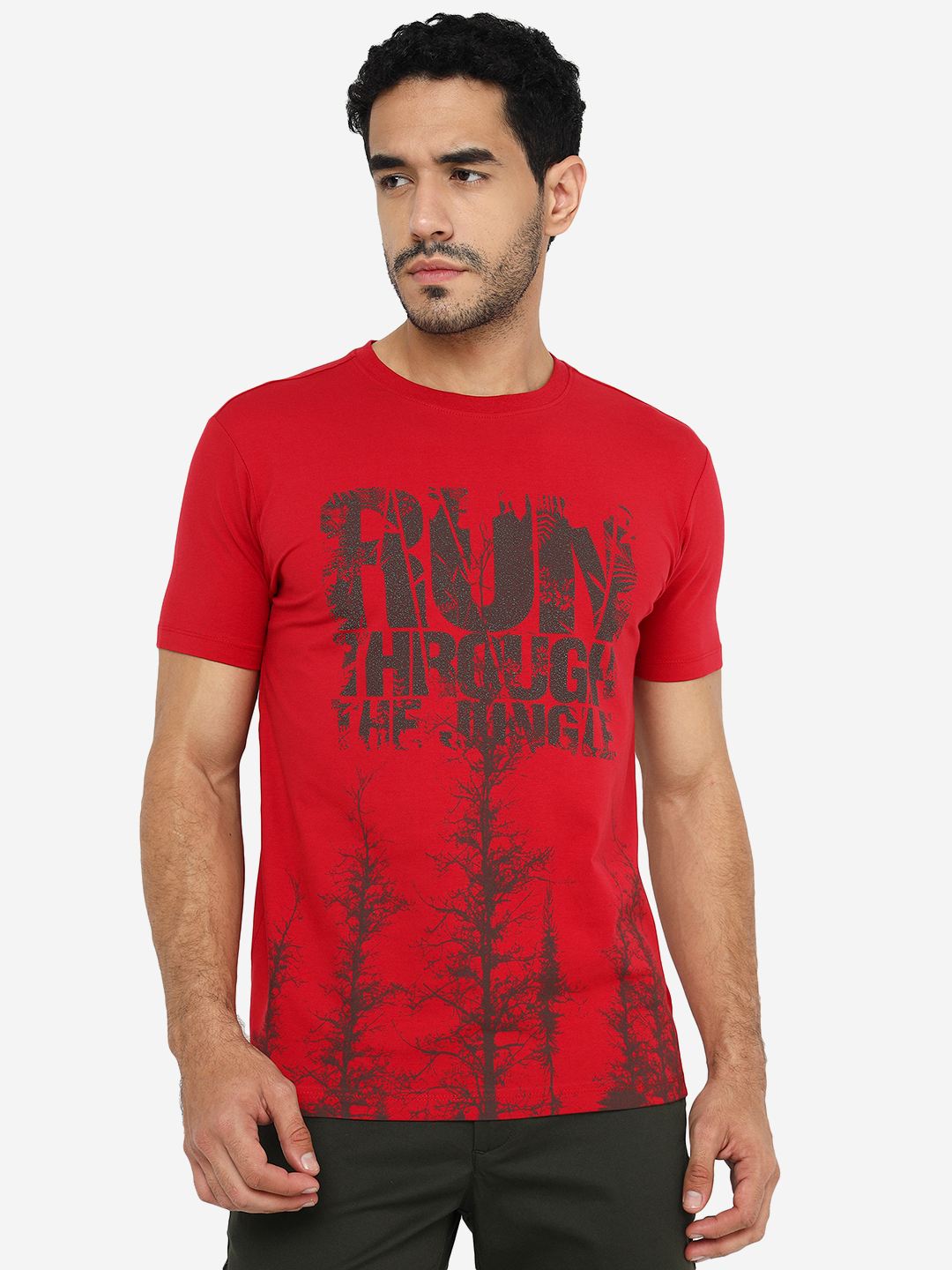 Red Printed Slim Fit T-Shirt | pehervi