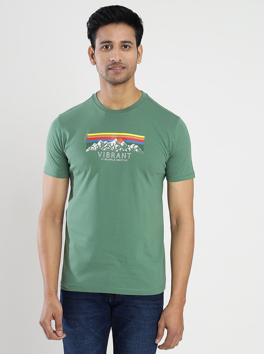 Green Printed Slim Fit T-Shirt | pehervi