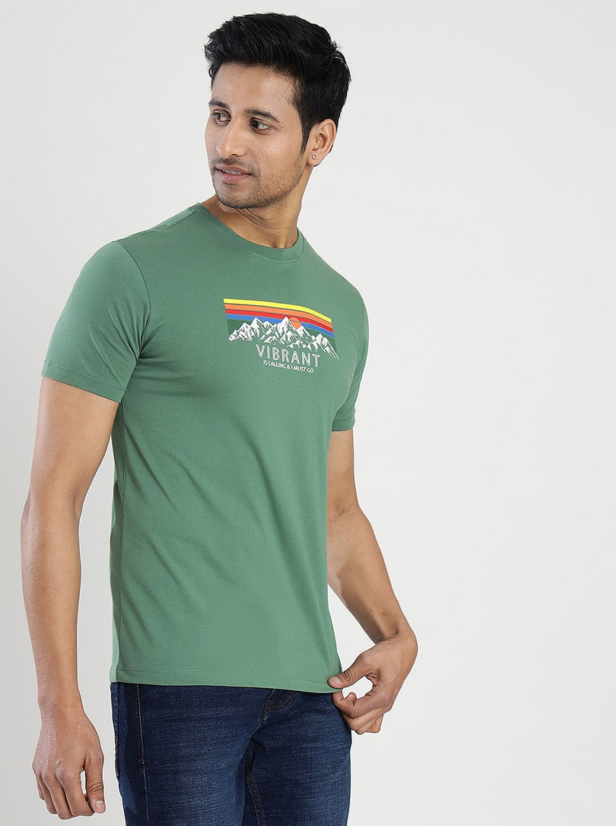 Green Printed Slim Fit T-Shirt | pehervi