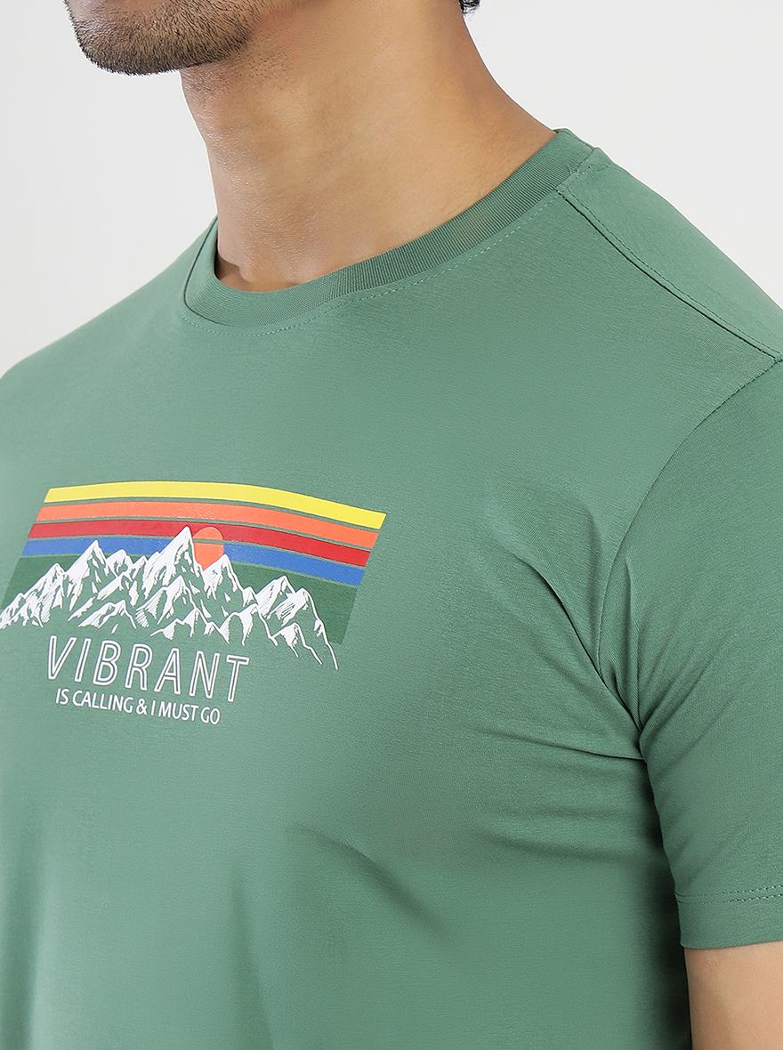 Green Printed Slim Fit T-Shirt | pehervi