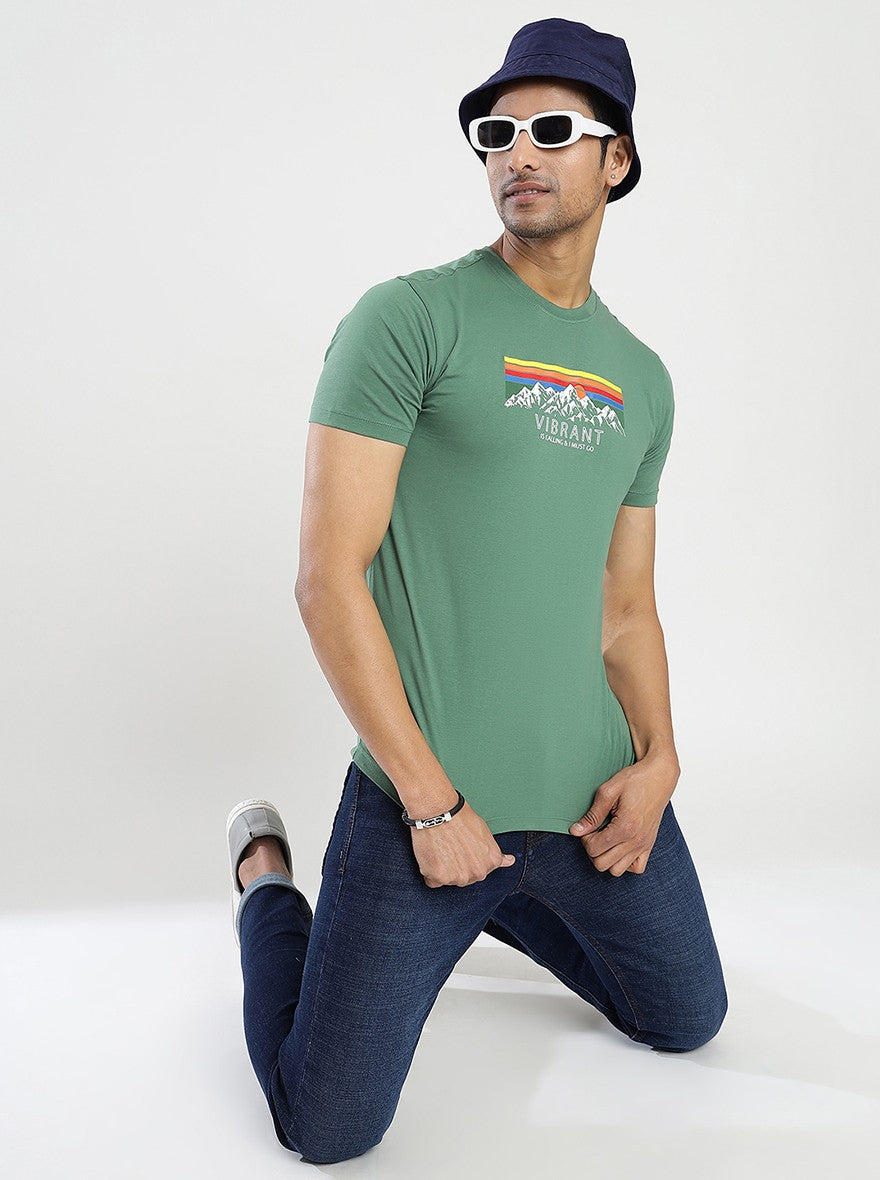 Green Printed Slim Fit T-Shirt | pehervi