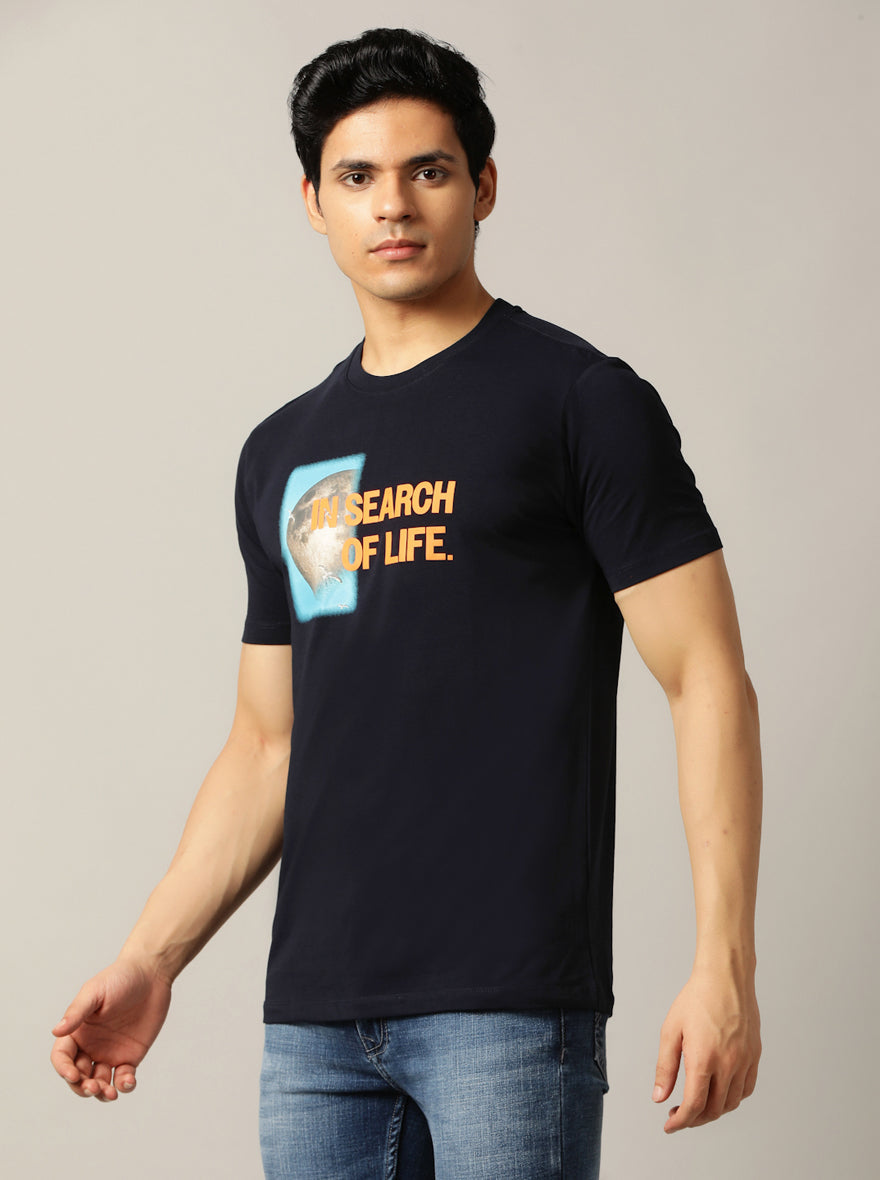 Navy Blue Printed Slim Fit T-Shirt | pehervi