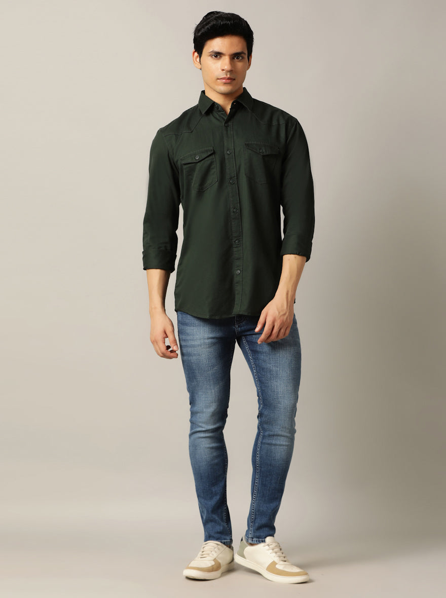Dark Olive Solid Slim Fit Casual Shirt | pehervi