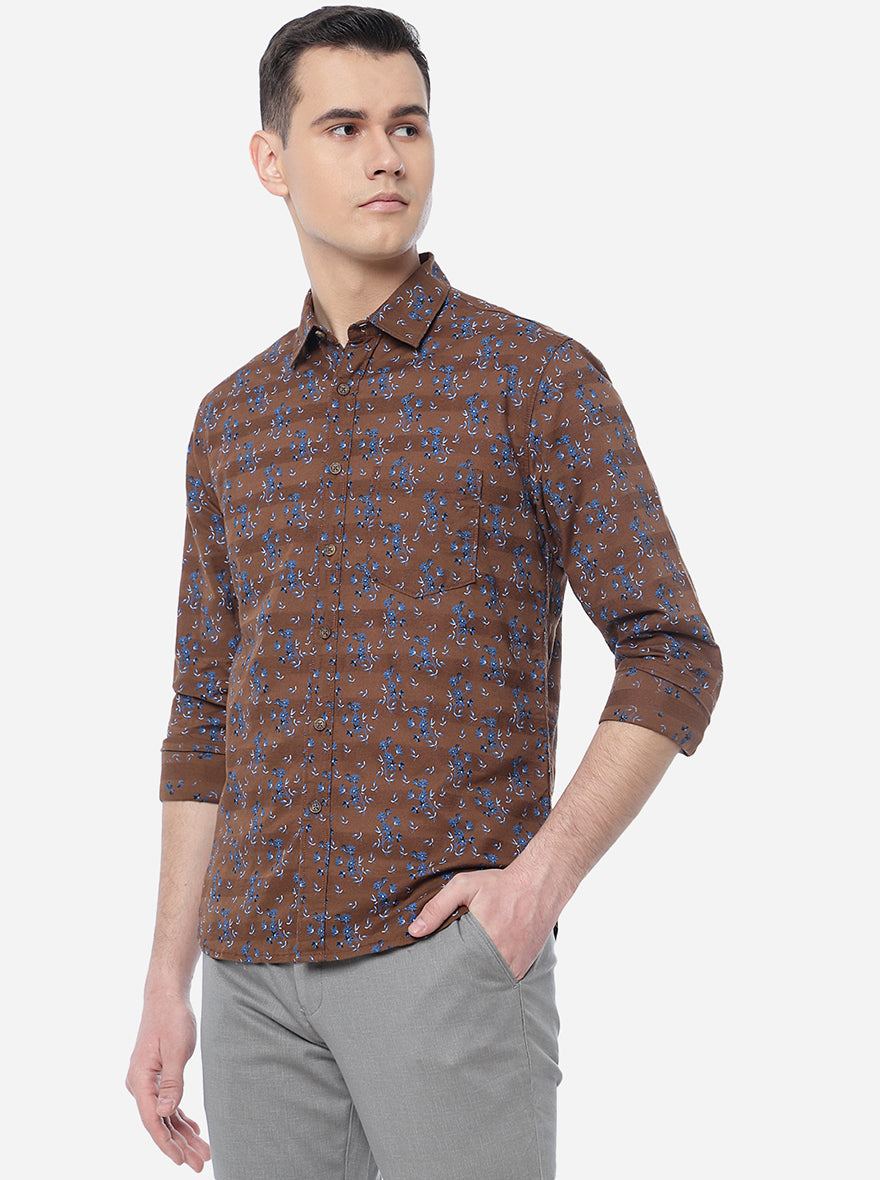 Coffee Brown Printed Slim Fit Semi Casual Shirt | Pehervi