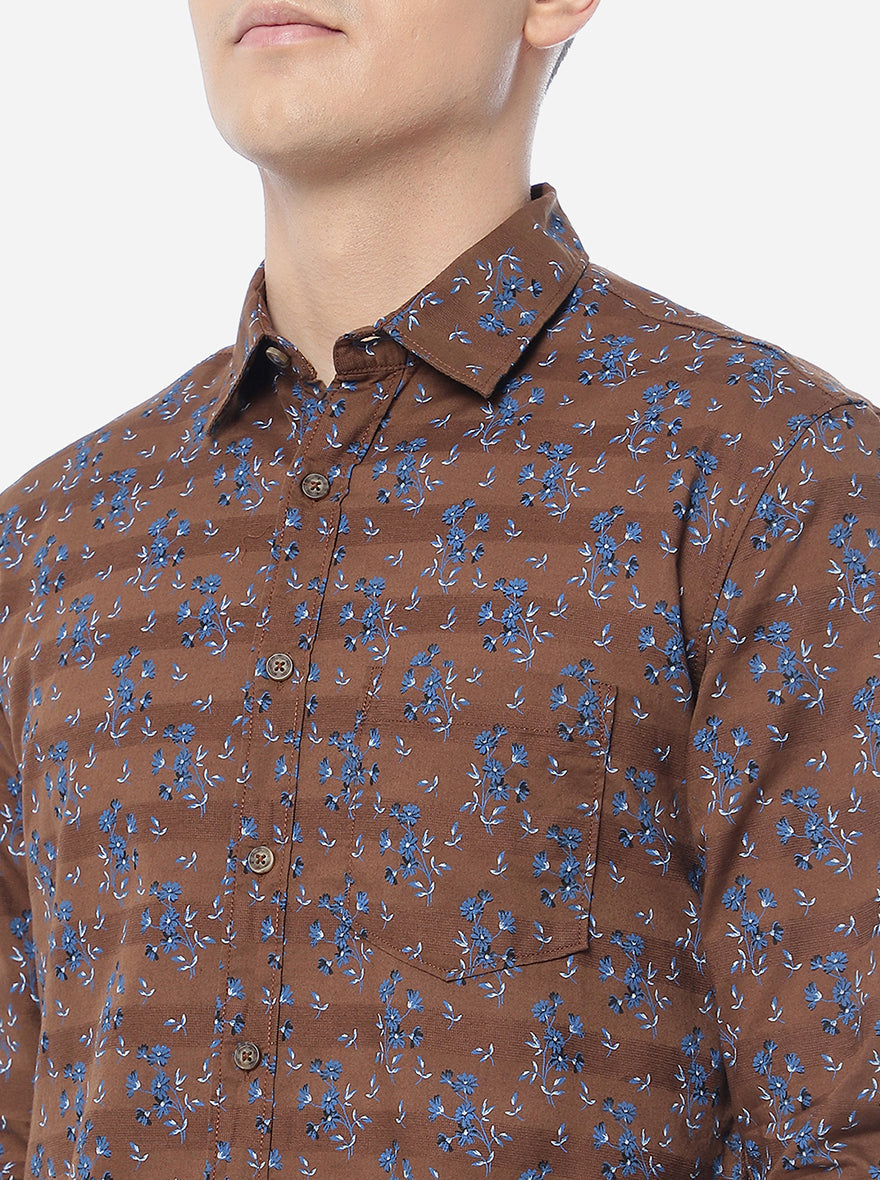 Coffee Brown Printed Slim Fit Semi Casual Shirt | Pehervi
