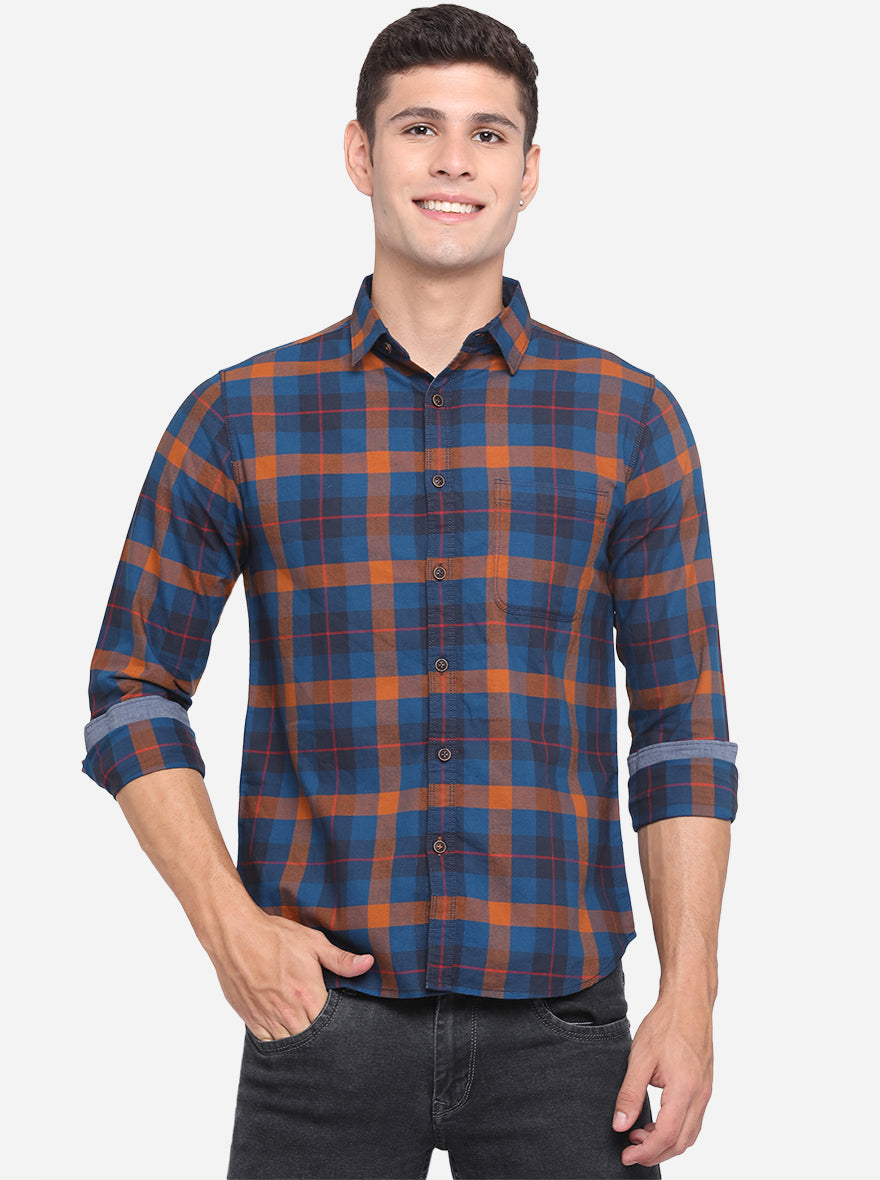 Majolica Blue  Checked Slim Fit Semi Casual Shirt | Pehervi