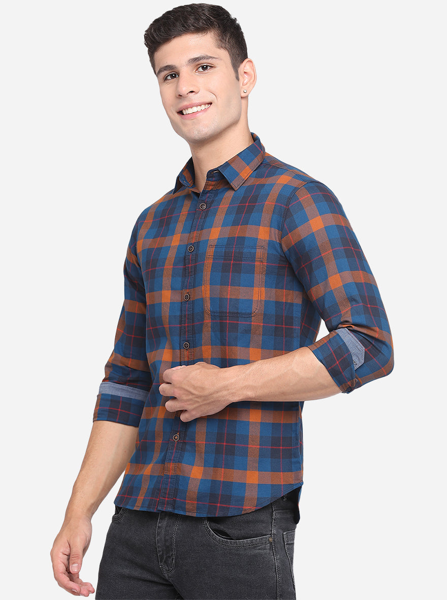 Majolica Blue  Checked Slim Fit Semi Casual Shirt | Pehervi