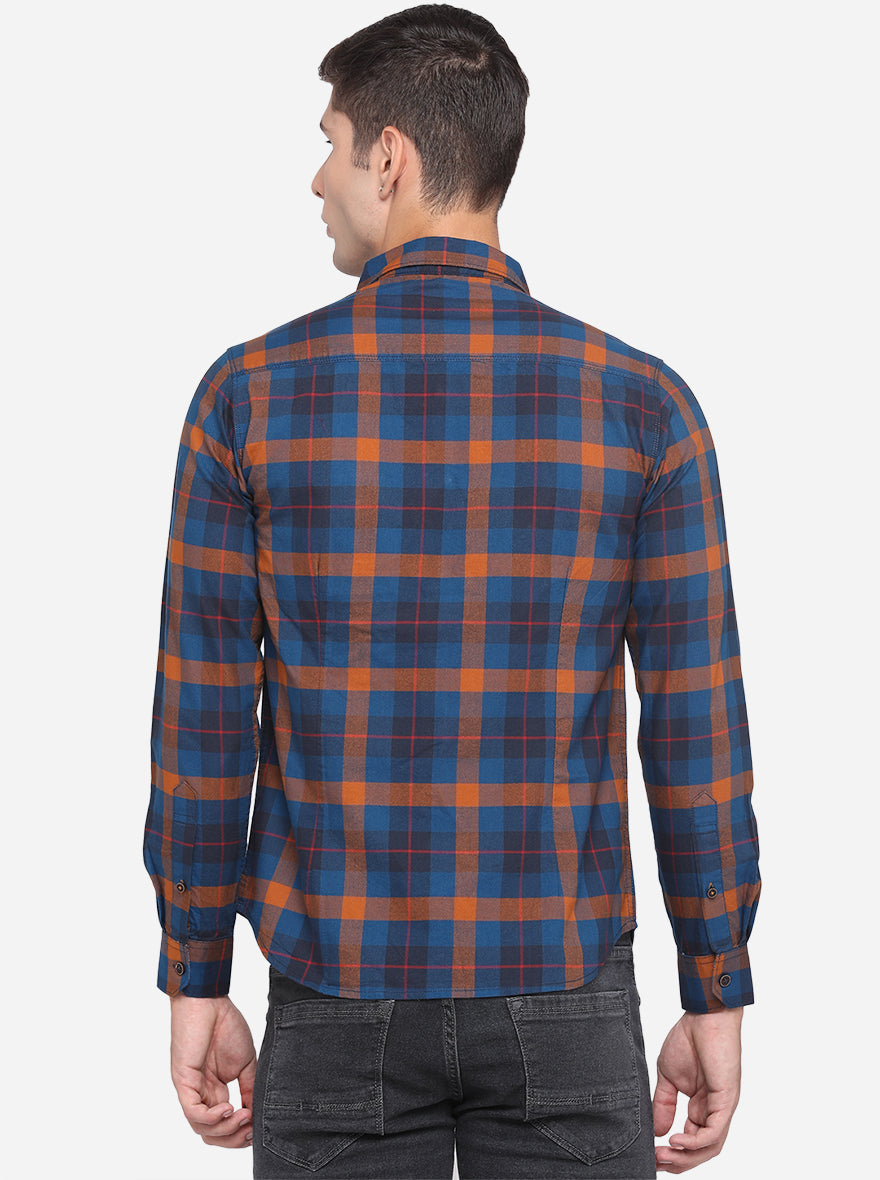 Majolica Blue  Checked Slim Fit Semi Casual Shirt | Pehervi