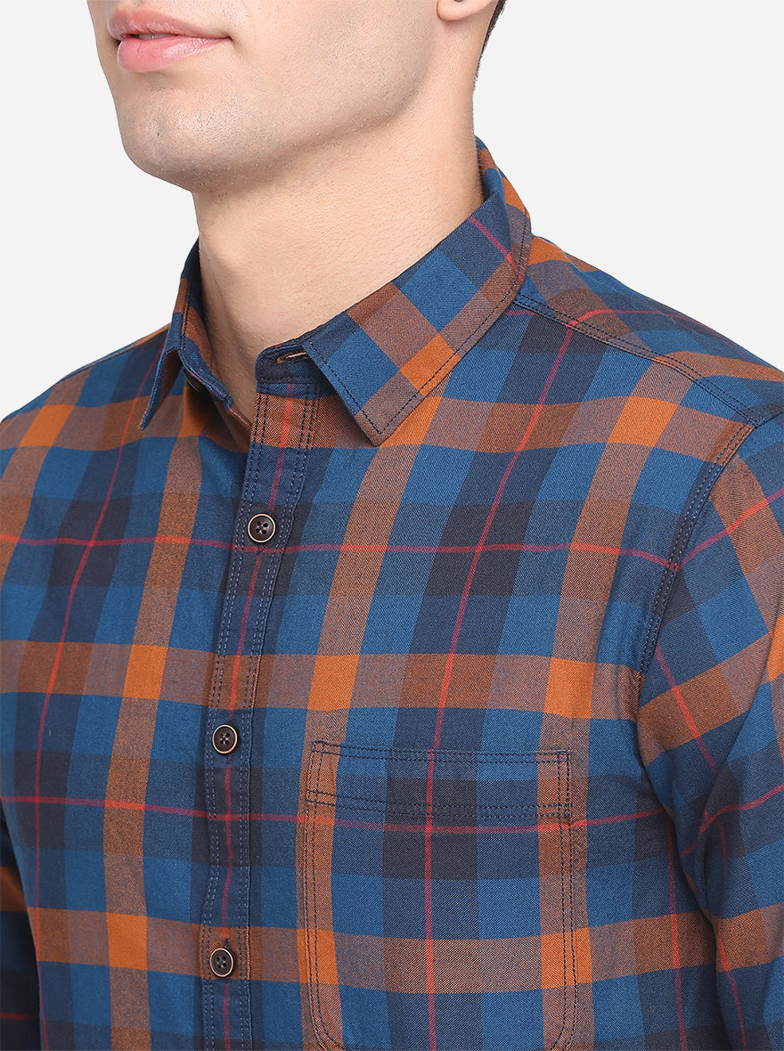 Majolica Blue  Checked Slim Fit Semi Casual Shirt | Pehervi